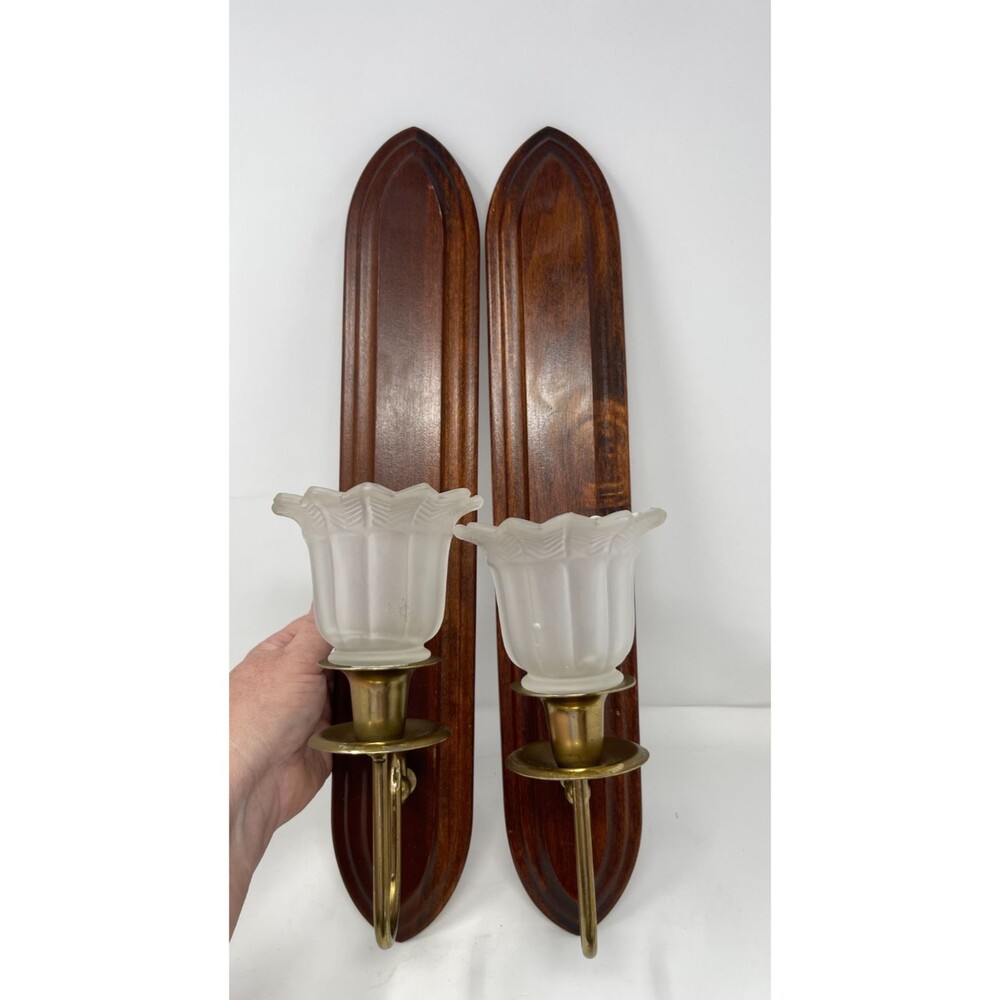 Vintage Pair Home Interior Wall Hanging Sconces Wood/Brass/Votive ~ TALL 17" ~